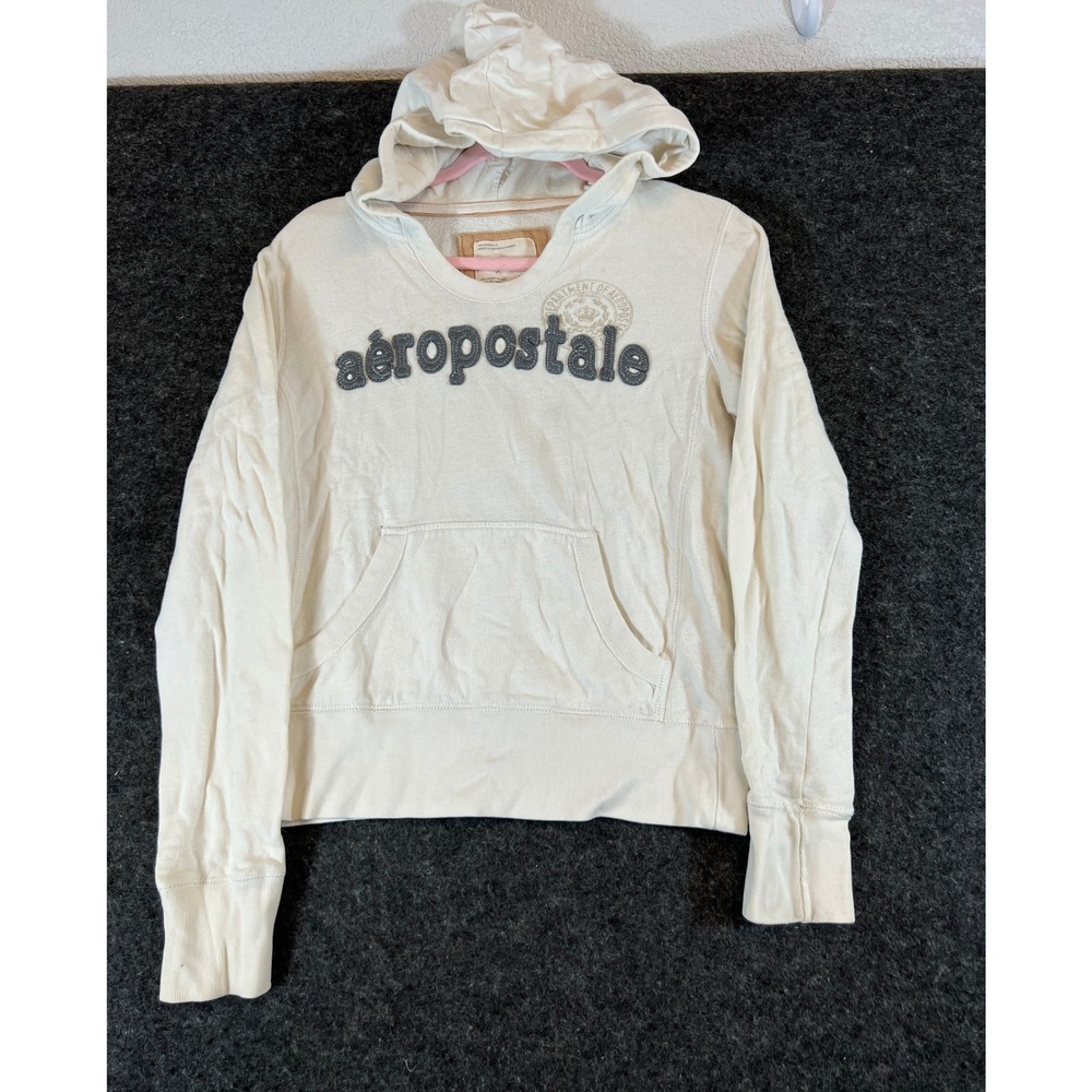 VTG Y2K Aeropostale Hoodie Womens Medium Cream Pullover Sweatshirt Streetwear